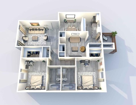 A 3D floor plan of a house showing a living room, kitchen, two bedrooms, and bathrooms.